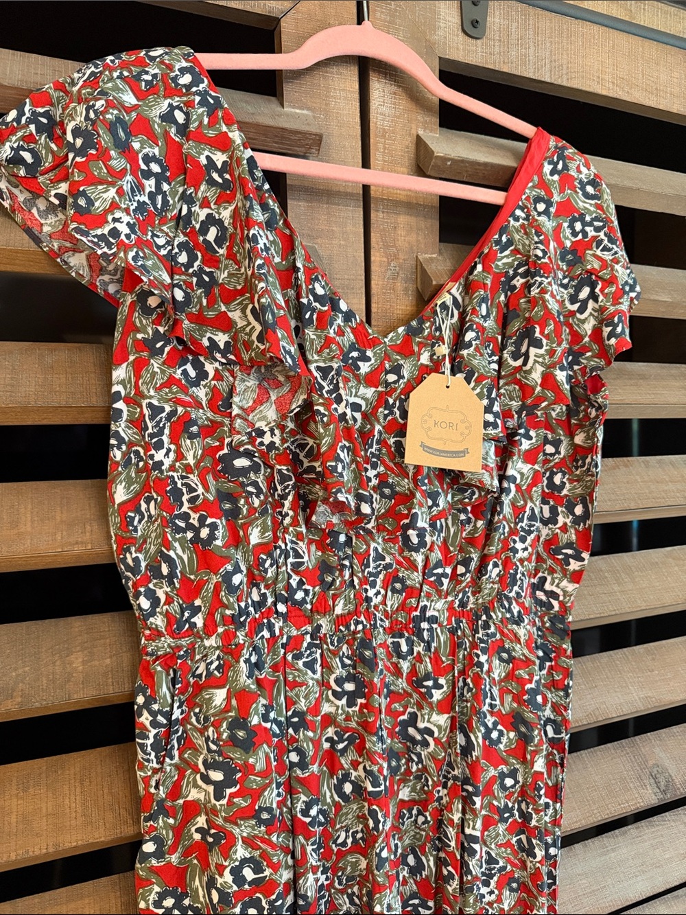 Kori Red/Navy Floral Print Romper with Olive and White Accents